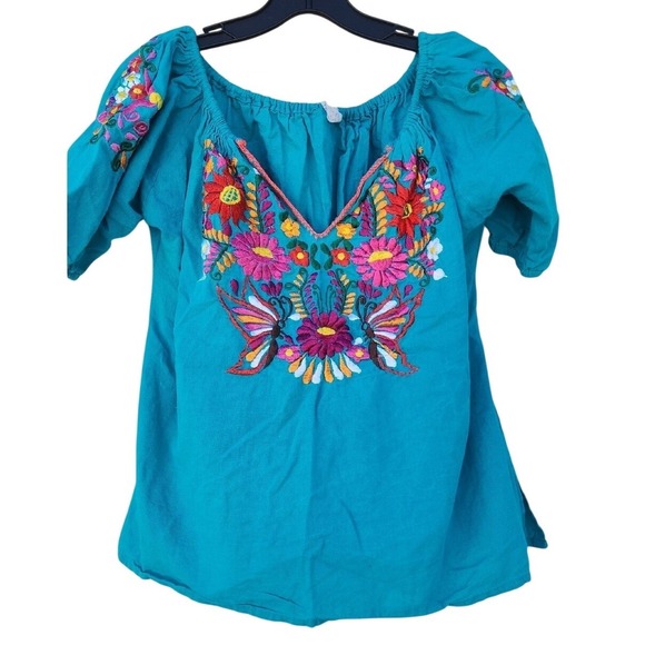 Tops - Floral Embroidered Boho Festival Puff Sleeve Garden Party Bright Woodland Medium